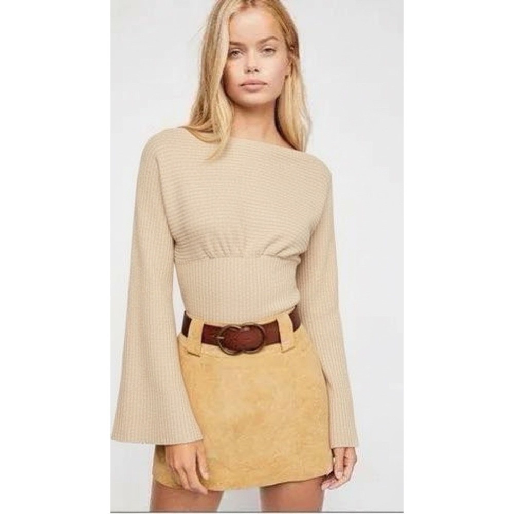 Free People We The Free Waffle Knit Boat Neck Top Oatmeal Women's Large EUC Soft